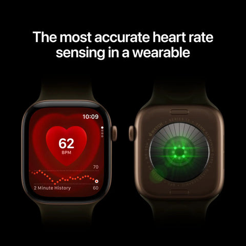 Top Tier Health Smartwatch With Game Changing Heart Rate Sensor Measuring HRV Every Five Minutes For Ultimate Stress Recovery Insights And Full Body Wellness Tracking In Compact 42 mm GPS Case showing heart rate display with BPM.