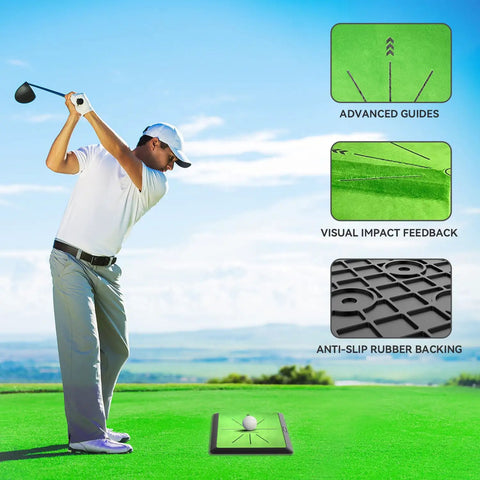Golfer using Premium Golf Hitting Mat With Swing Path Feedback For Indoor And Outdoor Practice 16 By 12 Inch Extra Replaceable Velvet Turf Mat
