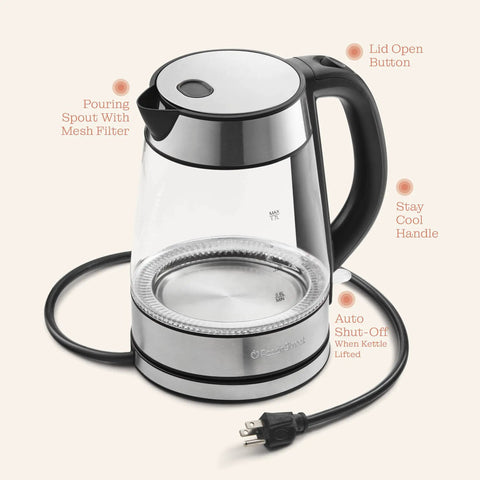 Fast Boil Electric Kettle For Coffee And Tea 1.7L Water Boiler 1500W Borosilicate Glass with lid, handle, and spout visible