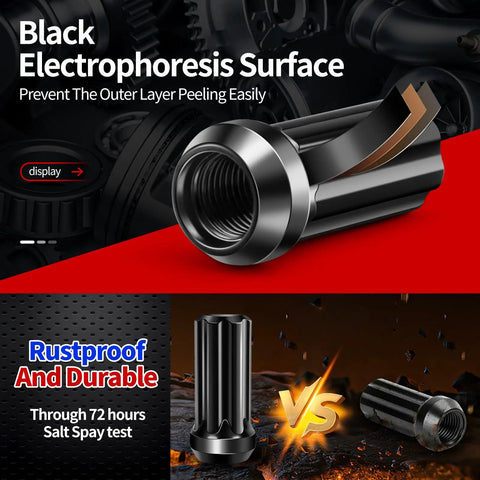 Close-up of black electrophoresis spline lug nut from 24pc Dope Black Spline Lug Nuts Set 14X15 Pitch Universal Fitment for secure grip.