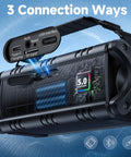 Close-up of 90W Peak Portable Bluetooth Speaker with Beastly Bass subwoofers, showing AUX, USB, and TF card connections.