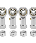 Four Pack PHSB4 Steel Rod End Bearings with 1/4 Inch Bore, 1/4-28 female thread, and nuts for heavy duty machinery.