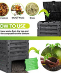 120 Gallon Big Capacity Compost Bin BPA Free Outdoor Composting Tumbler For Garden with open lid and side vent detailing