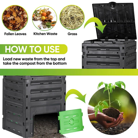 120 Gallon Big Capacity Compost Bin BPA Free Outdoor Composting Tumbler For Garden with open lid and side vent detailing