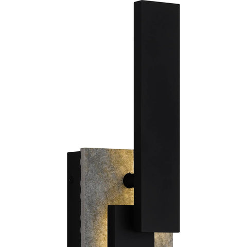 Hella Tough Outdoor Wall Lantern Featuring Integrated LED Lighting In Earth Black Coating With Ceramic Slate Backplate and Coastal Armor Aluminum Build For Heavy Duty All Weather Shield And Sleek Modern Vibe side view showing sleek design and textured backing.