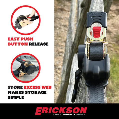 No Nonsense Retractable Ratcheting Tie Down Straps 2 Pack Black 1 In X 6 Ft With Vinyl Coated Hooks featuring push button release.
