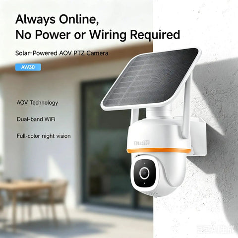 Bully Proof 2K Solar Security Camera With 5G WiFi And PTZ 360 Rotation mounted on a wall with solar panel for outdoor use.