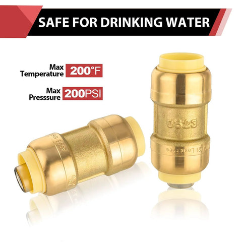 Pack Of Ten EFIELD One Half Inch Push Fit Straight Couplings With Disconnect Tool For Copper PEX CPVC And PERT Pipes Lead Free DZR Forged Brass AWWA C800 Compliant 200 PSI 200 Degrees F For Potable Water And Hydronic Heating close-up view of couplings