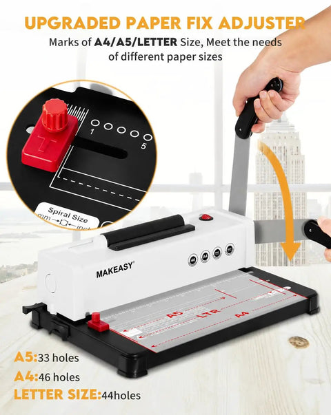 Close-up of Smooth Operator Electric Spiral Binding Machine For Home Office showing A4, A5, and Letter size paper adjuster.
