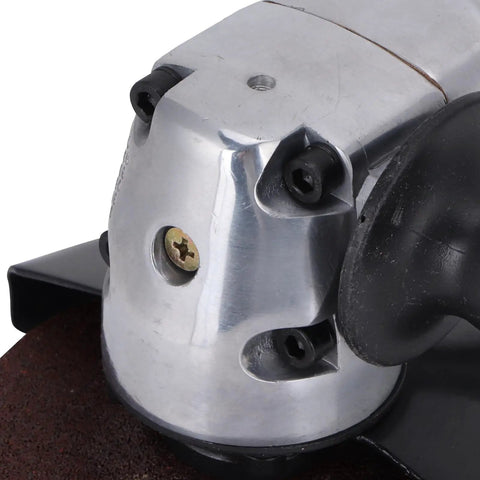 Close-up of Tough As Nails Pneumatic Angle Grinder's durable metallic body and sanding wheel for paint stripping.