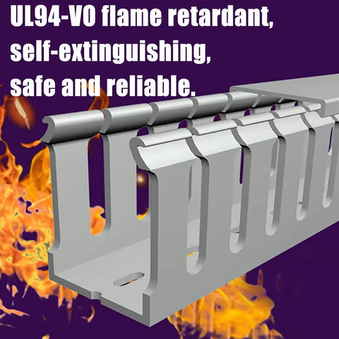 Open Slot Cable Raceway Kit With Reverse Snap Cover, 10 pack, PVC material, flame retardant, close-up of slots with fire background