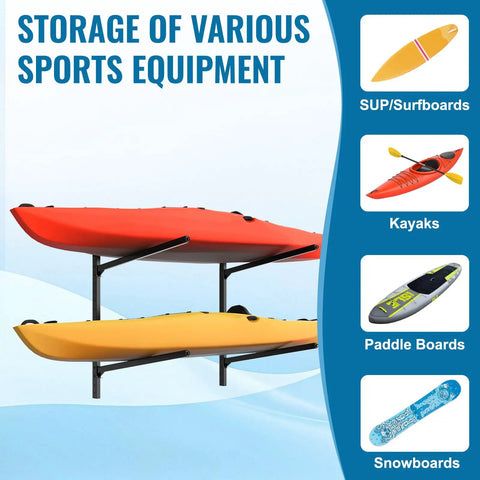 Heavy Duty Kayak Storage Rack Wall Mount For Garage Paddling Boats holds red and yellow kayaks securely, dual tier design.