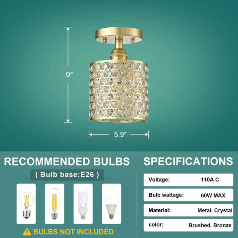 3 Pack 1 Light Crystal Gold Pendant Light For Kitchen Island Semi Flush Mount Brushed Bronze Finish 5.8 Inch Modern Crystal Metal Shade displayed with dimensions.