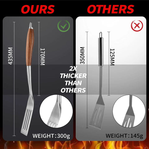 Comparison of rosewood BBQ spatula showing thickness and weight difference in Heavy Duty Rosewood BBQ Tools Set With Extra Thick Stainless Steel Spatula Fork And Tongs For Grilling Mastery Great Gift For Dad And Grill Crew Durable Indoor Outdoor Utensils For Barbecue