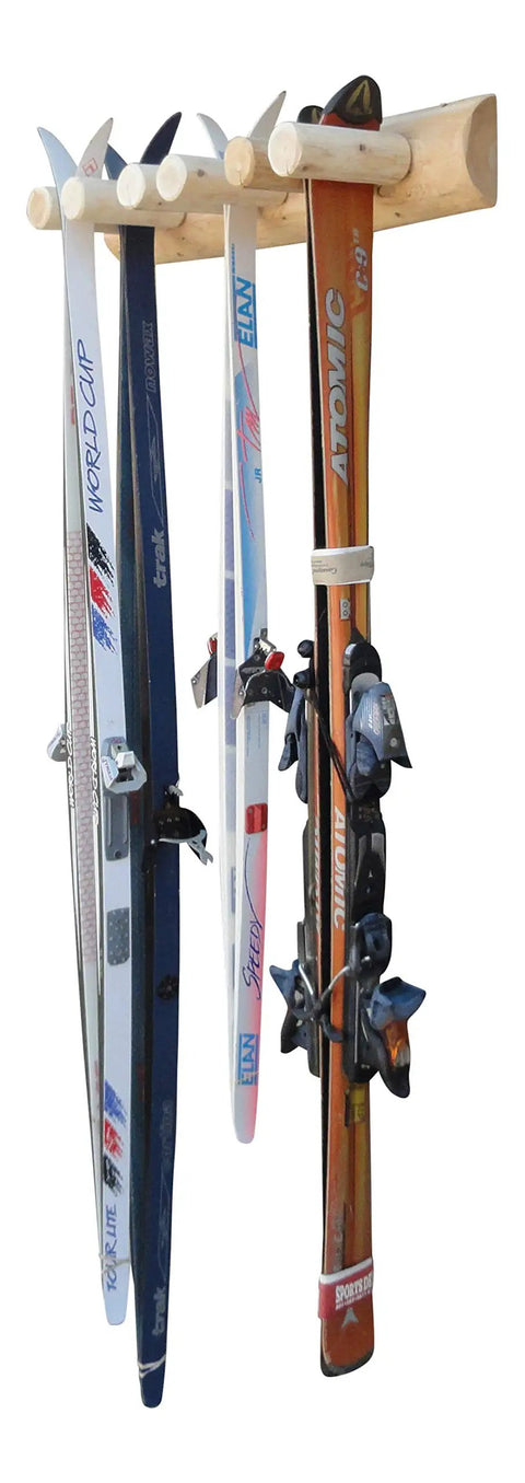 Built Tough Game Changing Heavy Duty Solid Wood Log Style Wall Mount Ski Rack Holds Six Pairs Of Skis And Poles Indoor Garage Wall Space Saver Organizer Rack Natural Finish holding multiple skis on wooden mounts.