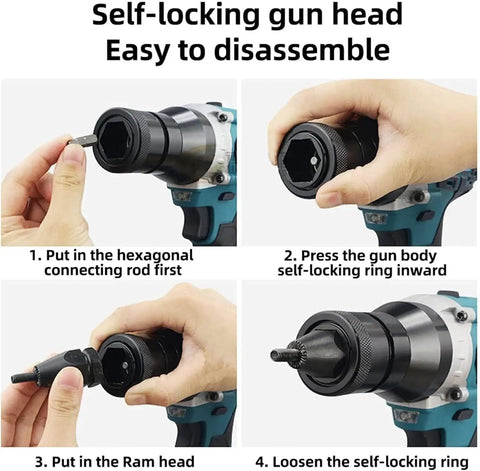 Badass Cordless Electric Rivet Gun And Auto Rivet Nut Tool disassembly steps showing self-locking gun head functionality.