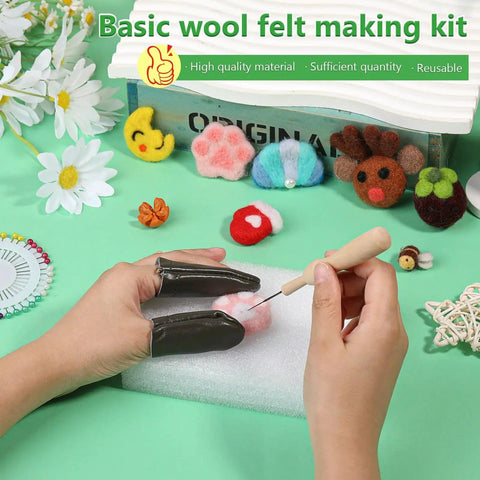 Hands using Ultimate Needle Felting Tool Kit For DIY Wool Projects With 60 Felting Needles And 68 Piece Set Including Foam Pad Wooden Handle Tool 8 Needle Heads Scissors Awl Snips And Finger Protectors Great Starter Kit on a foam pad with wool creations displayed.