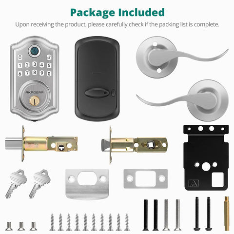 Slick Fingerprint Keyless Entry Door Lock With Sturdy Lever Handle Set In Brushed Nickel Finish package contents including handle and two keys.