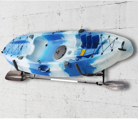 Game Changing Heavy Duty Kayak Wall Hanger Mounts Support Eighty Pounds While Swinging Out Of The Way Saves Major Garage Floor Space With Rock Solid Steel Construction For Any Canoe Or Boat with kayak mounted on wall.