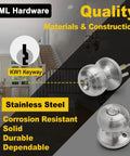 Two Pack Entry Door Knob Set With Keyed Different Locks In Solid Stainless Steel Round Ball Handle For Exterior And Interior Doors Built Tough With Anti Bump Five Pin Cylinder And Six Keys shown with construction benefits.