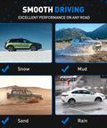 Smooth driving performance in snow, mud, sand, and rain with various vehicles highlighted.