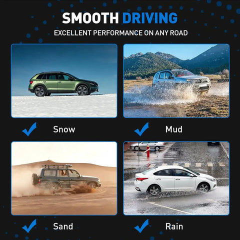 Smooth driving performance in snow, mud, sand, and rain with various vehicles highlighted.