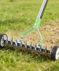 Wheeled Adjustable Thatch Rake For Lawn Care With Protective Gloves, Ergonomic Dethatcher Rake, Heavy Duty Carbon Steel Rust Resistant, Wide Head