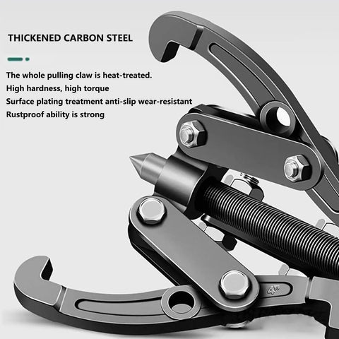 Close-up of the Badass Heavy Duty Multi Jaw Gear Puller Set and Bearing Hub Separator Tool, showcasing thickened carbon steel and adjustable arms.