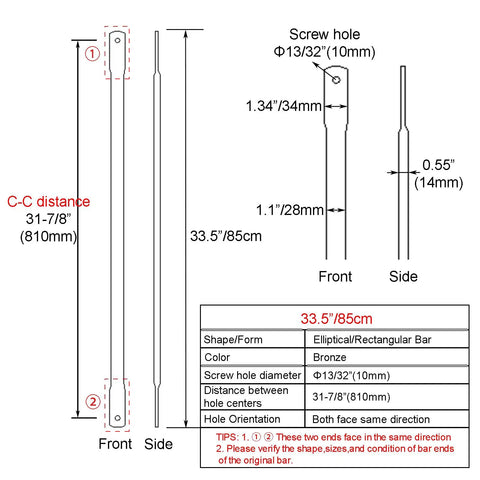 Bronze Garden Swing Replacement Bars, 33.5 Inch Long Rectangular Metal Rods For Hanging Swing Seat To Frame, Set Of 2 diagram