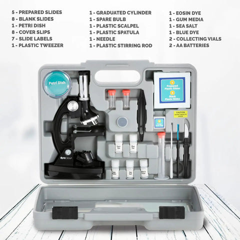 Sweet Kids STEM Science Starter Pack Featuring Monocular Compound Microscope With Heavy Duty Black Metal Arm Fossil Dig Kit Ten Ready Prepared Slides Plus Bonus Pocket Magnifier For Backyard Adventures And Classroom Fun in organized case.