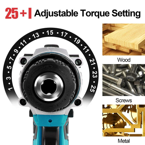Heavy Duty Cordless Drill Plus Electric Screwdriver Power Tool Set With Rechargeable Battery And Two Speed Settings Plus Twenty Five Torque Adjustments For Slick Crafting Projects That Knock Out Tasks With Zero Sweat showing 25 adjustable torque settings.