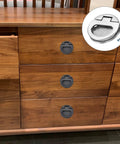 Flush Ring Pull Handles Set Of 3 43.5mm Zinc Alloy Dark Silver Flush Pull Slam Latch installed on wooden drawers.
