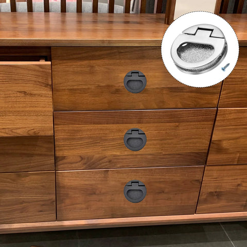 Flush Ring Pull Handles Set Of 3 43.5mm Zinc Alloy Dark Silver Flush Pull Slam Latch installed on wooden drawers.