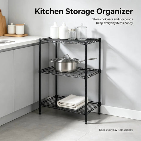 Heavy Duty 3 Tier Wire Shelving Rack, Adjustable Freestanding Storage Organizer, kitchen storage with pots and towels.