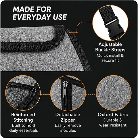 Close-up of Multi Pocket Rear Seat Bag Optimized For Tesla Cybertruck 2023 Through 2026 with adjustable straps and zipper details.