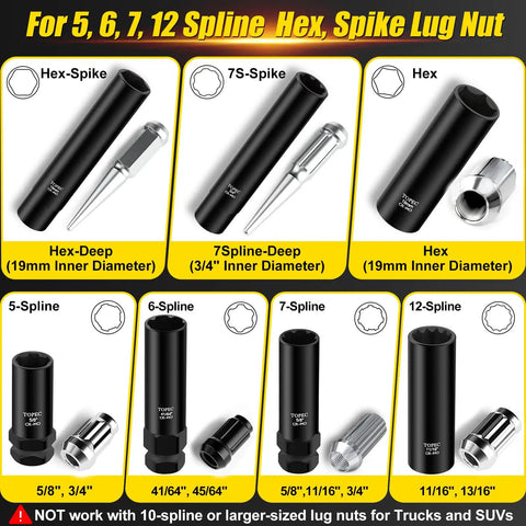 Dead Simple Spline Lug Nut Socket Set And Wheel Lock Removal Kit With Master Keys for 5 6 7 12 Spline and Hex Wheels showing various socket types.
