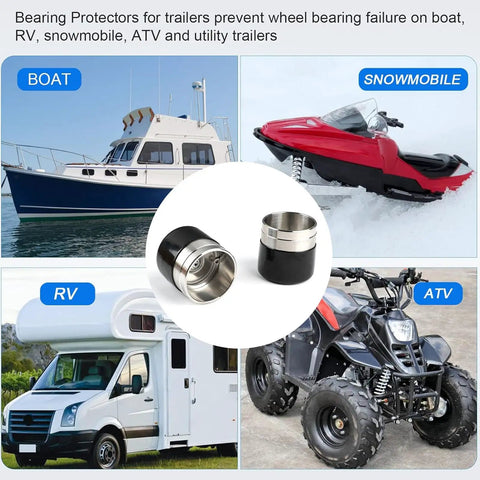 Heavy Duty Pair 1.98 Inch Stainless Steel Wheel Bearing Grease Caps And Sealed Dust Covers For Boat Trailer Hub Buddies, displayed with boat, RV, snowmobile, and ATV.