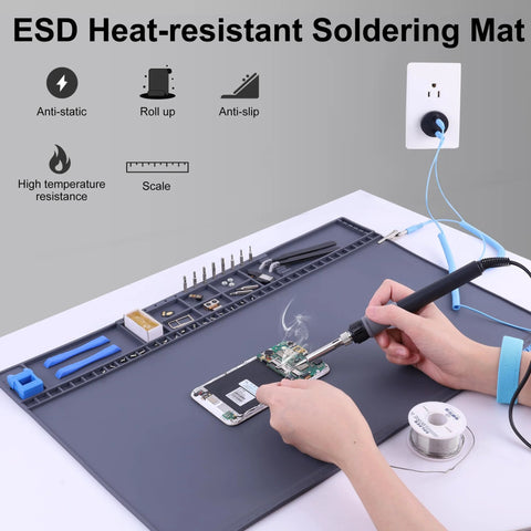 Person using magnetic esd safe work mat for soldering a phone, displaying high temperature resistance and anti-static properties.