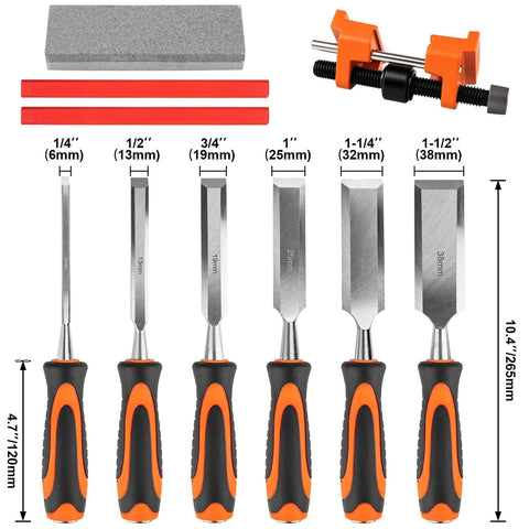 10 Piece Wood Chisel Set With Honing Guide And Sharpening Stone Includes Carpenter Pencils And Sharpener A Complete DIY And Pro Grade Woodworking Kit For Home Projects 6mm 13mm 19mm 25mm 32mm 38mm Chisels displayed