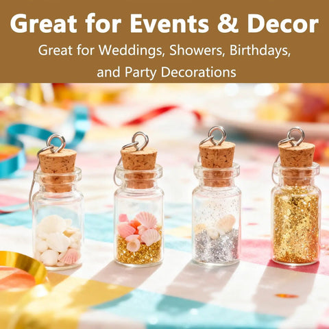 Mini Glass Bottle Charms With Corks And Eye Screw Caps Includes Tiny Dropper Vials For Diy Necklace And Keychains Perfect For Bead Art And Craft Lovers Who Want To Make Sweet Mini Treasure Jars That Are Truly Sick And Cool To Show Off with colorful decorations.