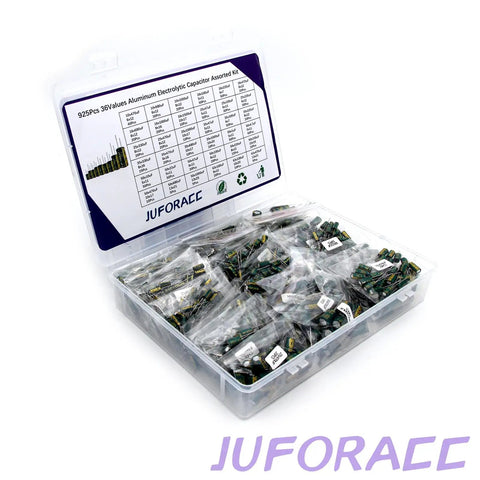 Top Tier Premium Heavy Duty Aluminum Electrolytic Capacitor Assortment Kit With 925 Pieces Across 36 Values in storage box.