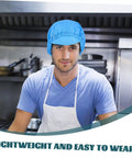 Man wearing Five Pack Blue Anti Static Cleanroom Working Hat Built With Breathable Mesh And Heavy Duty Polyester for food prep.