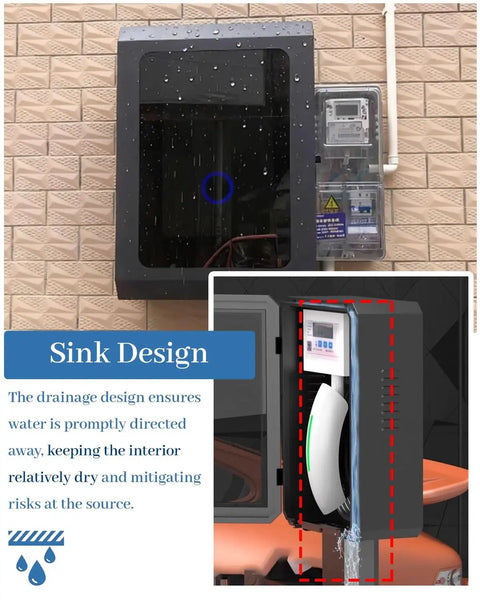 Top Shelf Outdoor EV Charger Pedestal With Keypad Lock For Tesla Model Y showing weatherproof drainage design with rain.