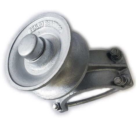 Heavy Duty Cantilever Gate Rollers With Six Inch Chain Wheels Double Sealed Bearings Built Like A Tank Track System For Chain Link Fence Posts And Gate Pipes Runs Like A Dream Pack Of Two close-up view of a roller unit