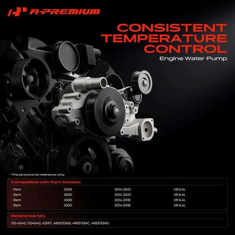 Heavy Duty Engine Water Pump Assembly With Aluminum Housing And Seal Kit Straight Bolt On Direct Fit Replacement For Ram 2500 3500 4500 5500 6.4L Hemi V8 2014 To 2022 close-up view of aluminum cooling component