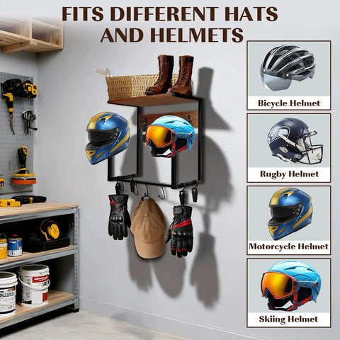 Heavy Duty Wooden Wall Mount Rack Features Dual Safety Hooks To Securely Hang Two Helmets Or Hats While Keeping Your Garage Neat And Serving As A Slick Wall Organizer, displaying helmets and gloves.