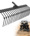 Heavy Duty Tow Behind Landscape Rake And Lawn Dethatcher With 21 Steel Tines And 60 Inch Wide Coverage attached to utility vehicle