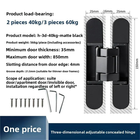 Invisible Concealed Door Hinge With Adjustable Cross Shaped Wooden Handle Creating Flawless Hidden Door Setup With Smooth Pull Action And Solid Black Finish That Gives Your Space A Clean And Modern Vibe showing specifications, dimensions, and included hardware.