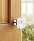 4 Pack Bling Cabinet Knobs Round Crystal 30mm White With Screw ABS Material Sparkling Decoration Drawer Pulls For Kitchen Cupboards Dressers And Cabinets close-up installed on wooden cabinet
