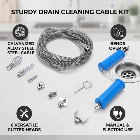 Professional Grade Heavy Duty Pipe Drain Auger With Drill Attachment Flexible Clog Remover Plumbing Snake 3 Meter alloy steel cable kit with cutter heads.